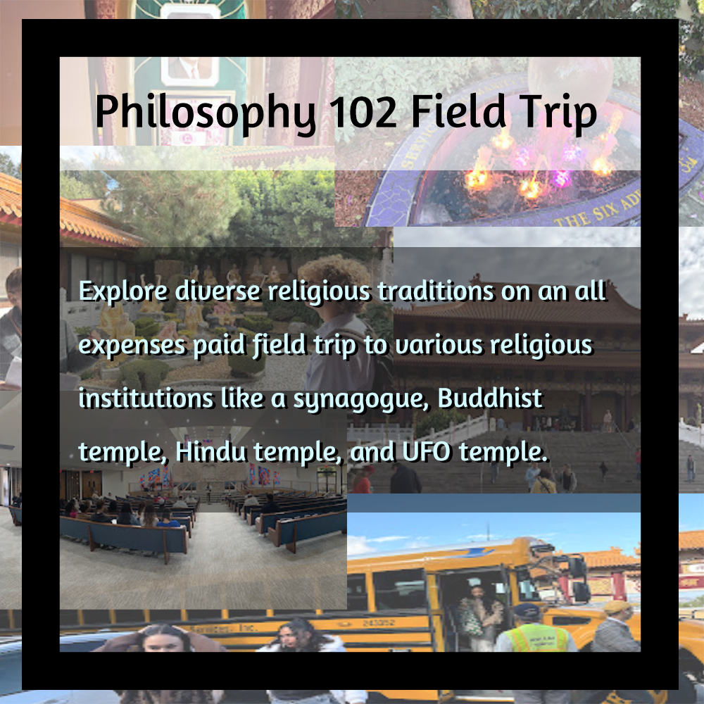 Philosophy 102 Field Trip - Explore diverse religious traditions on an all-expenses paid field trip to various religious institutions like a synagogue, Buddhist temple, Hindu temple, and UFO temple.